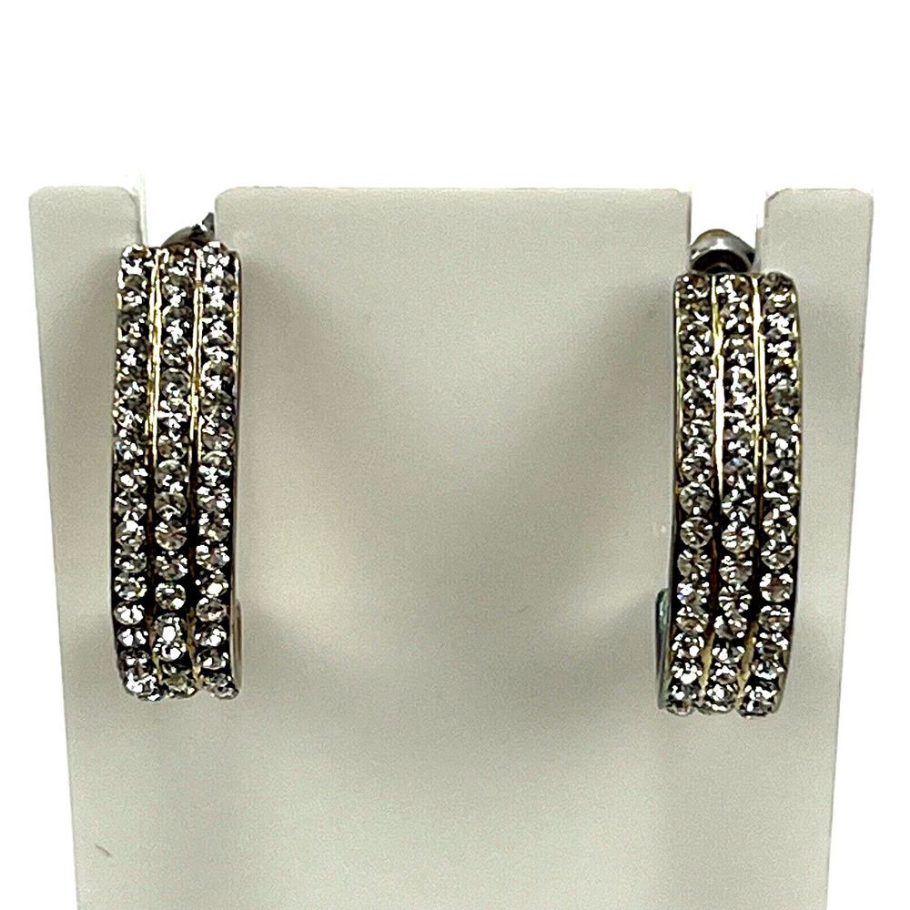 Silver Toned Metal Drop Earrings with Clear Rhinestones 1"
